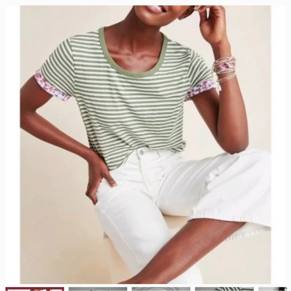 ANTHROPOLOGIE T.LA Cydney Ringer Tee Green Stripe Floral Cuffs